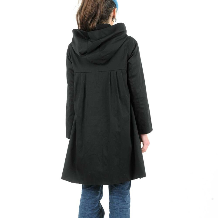 Manteau trapèze en coton noir de mi-saison, capuche ronde