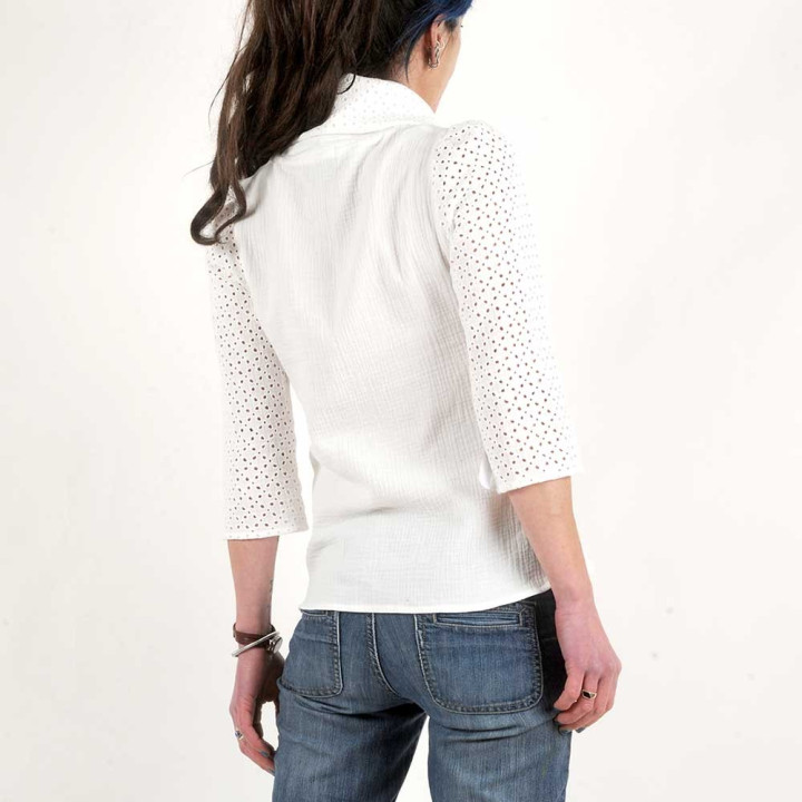 Haut femme blanc en double gaze de coton, manches 3/4 et col foulard