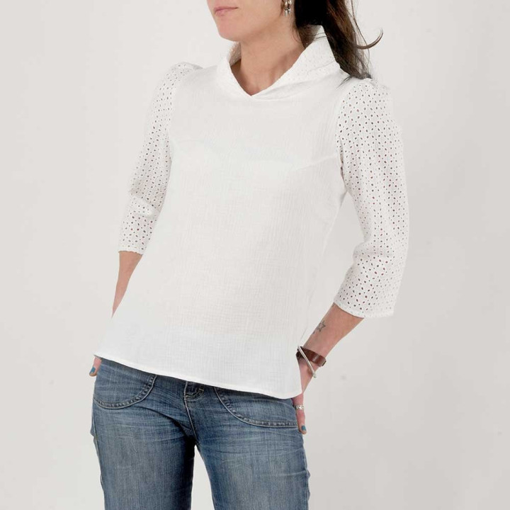 White cotton gauze top with scarf collar, eyelet sleeves