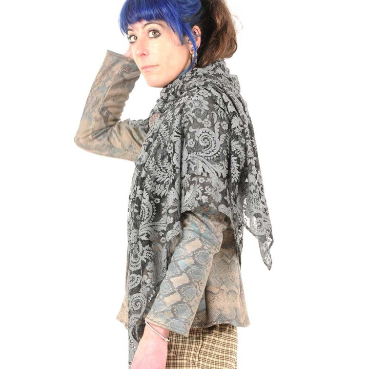 Wide floral shawl scarf in grey and black devoured mesh
