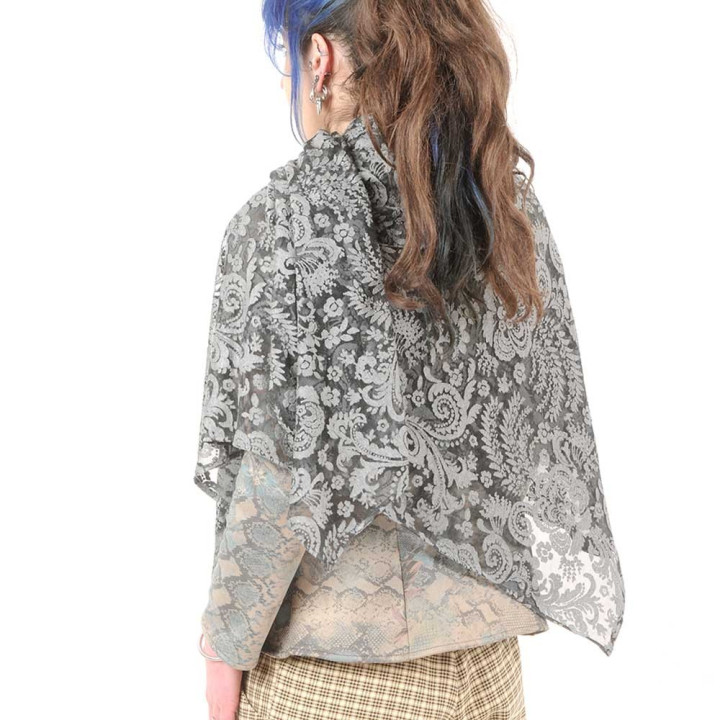 Wide floral shawl scarf in grey and black devoured mesh