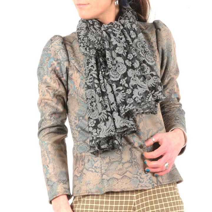 Wide floral shawl scarf in grey and black devoured mesh