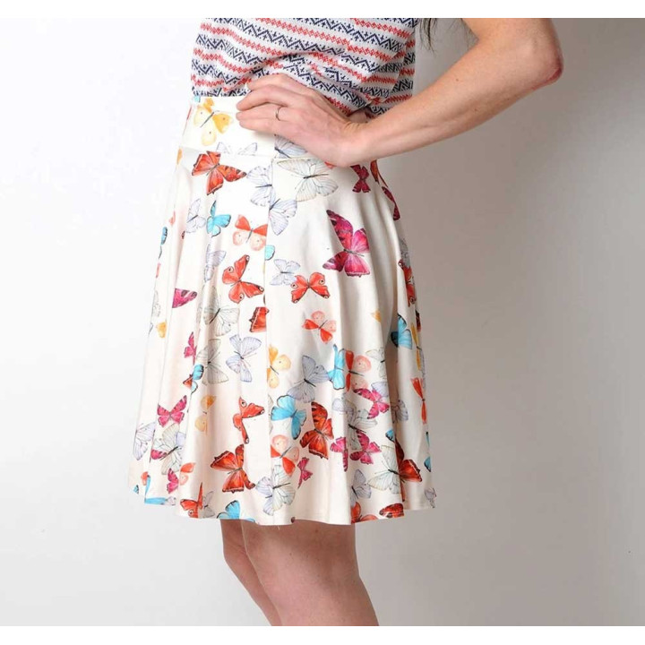 Flared skirt, colorful butterflies on off-white stretchy jersey