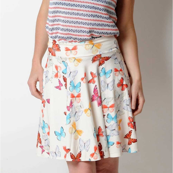 Flared skirt, colorful butterflies on off-white stretchy jersey