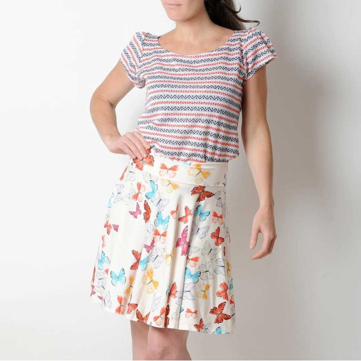 Flared skirt, colorful butterflies on off-white stretchy jersey