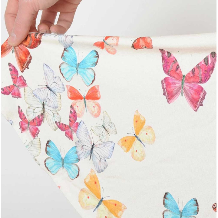Flared skirt, colorful butterflies on off-white stretchy jersey