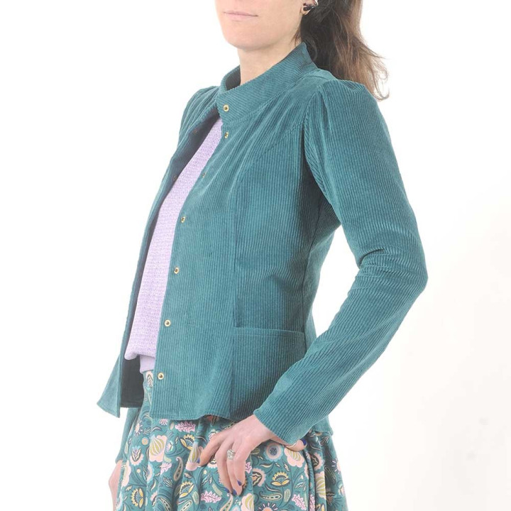 Veste femme ajustée, velours côtelé bleu canard, col officier
