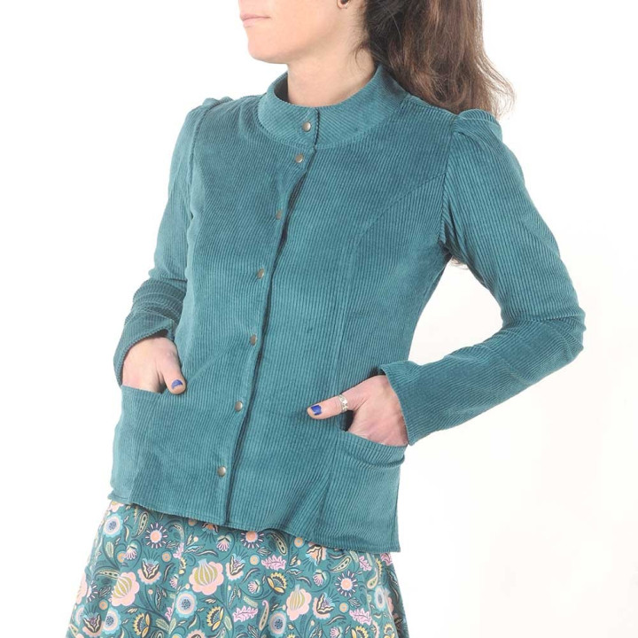 Fitted green-blue corduroy jacket with officer collar