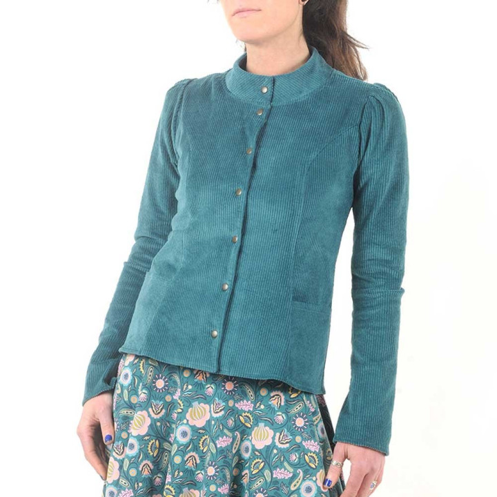 Fitted green-blue corduroy jacket with officer collar