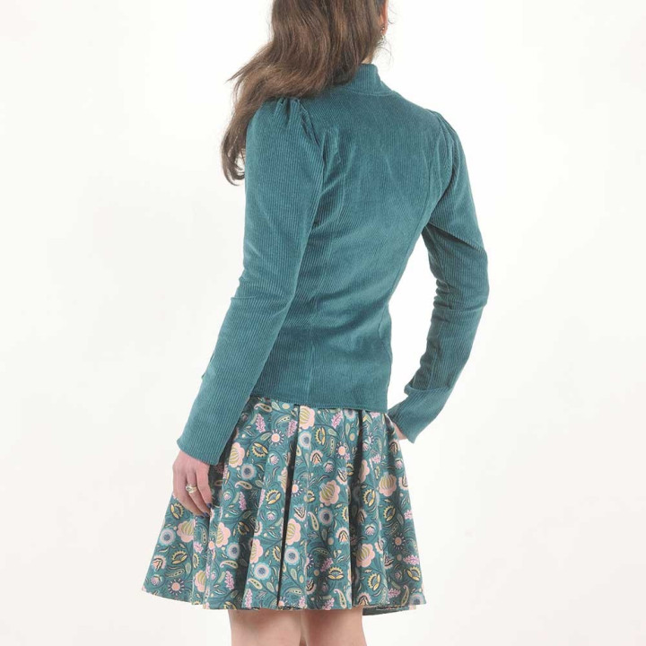 Veste femme ajustée, velours côtelé bleu canard, col officier