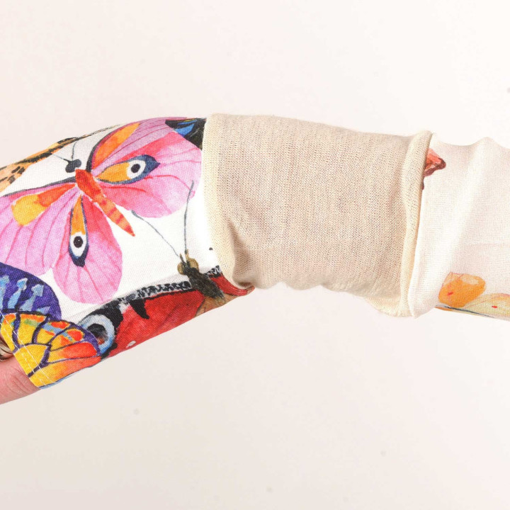 White and colorful armwarmers, butterfly print