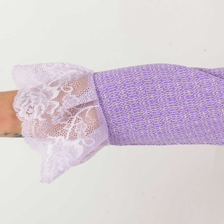 Lilac lurex knit women's sweater, lace ruffles