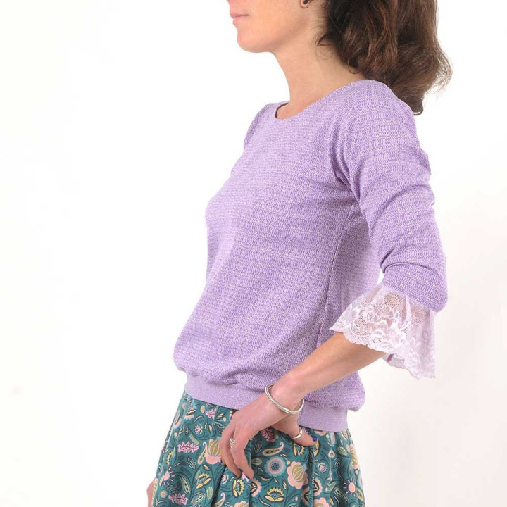 Lilac lurex knit women's sweater, lace ruffles