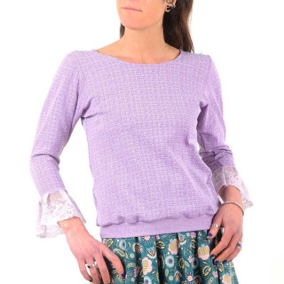 Pull femme maille parme lurex, volants de dentelle