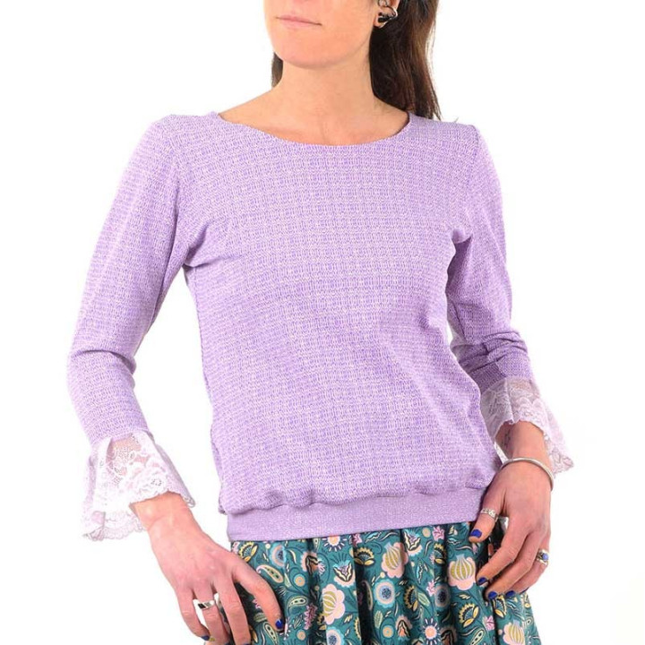 Lilac lurex knit women's sweater, lace ruffles