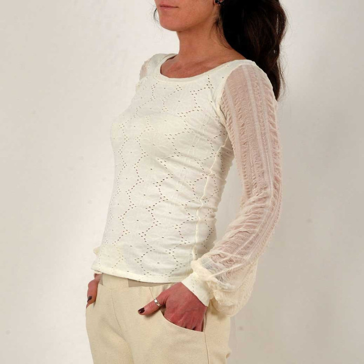 Off-white fitted top with long crushed mesh puffy sleeves