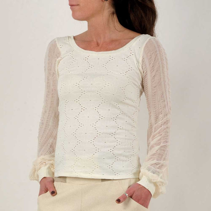 Off-white fitted top with long crushed mesh puffy sleeves