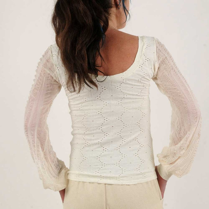 Off-white fitted top with long crushed mesh puffy sleeves