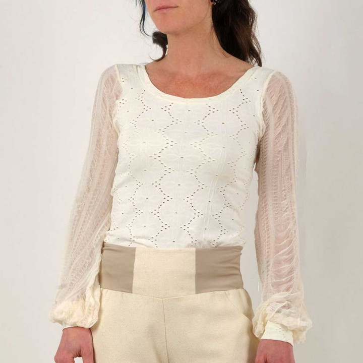 Off-white fitted top with long crushed mesh puffy sleeves