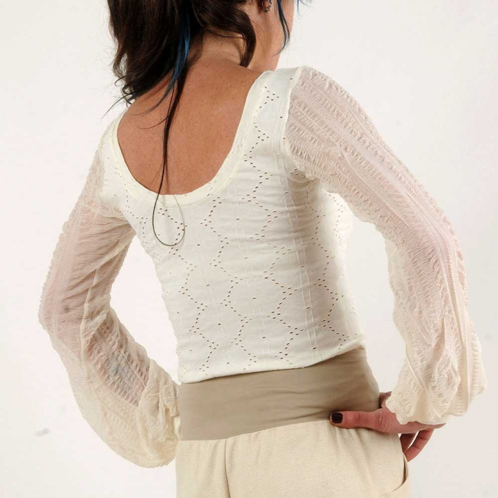 Off-white fitted top with long crushed mesh puffy sleeves