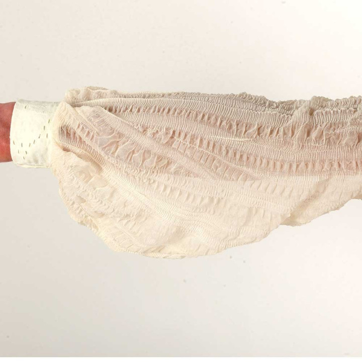 Off-white fitted top with long crushed mesh puffy sleeves