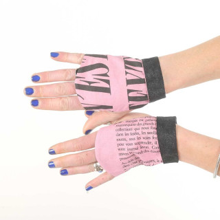 Pink and black cotton fingerless gauntlets, newspaper print