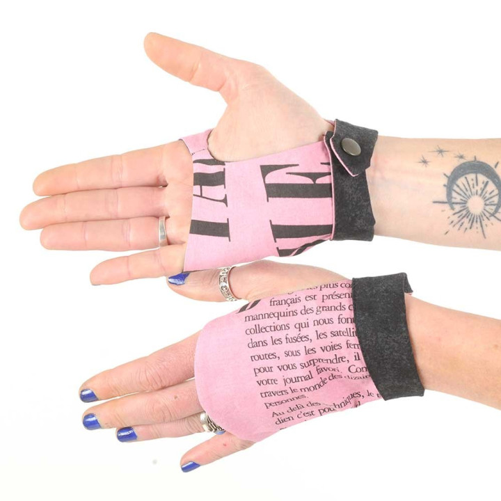 Pink and black cotton fingerless gauntlets, newspaper print