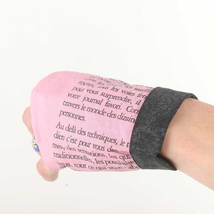 Pink and black cotton fingerless gauntlets, newspaper print