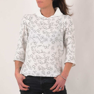 Summer cotton gauze top with scarf collar, white with geometric print