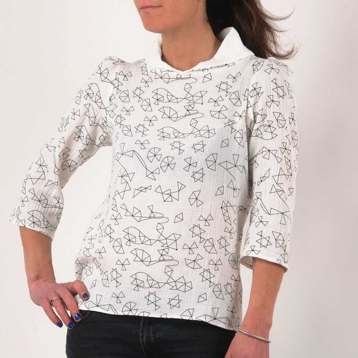 Haut femme été, double gaze de coton blanc et imprimé géométrique