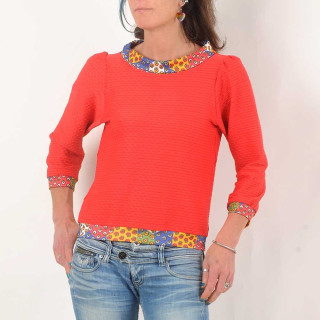 Red and floral print short sweater with boat cowl