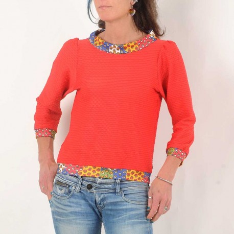 Red and floral print short sweater with boat cowl