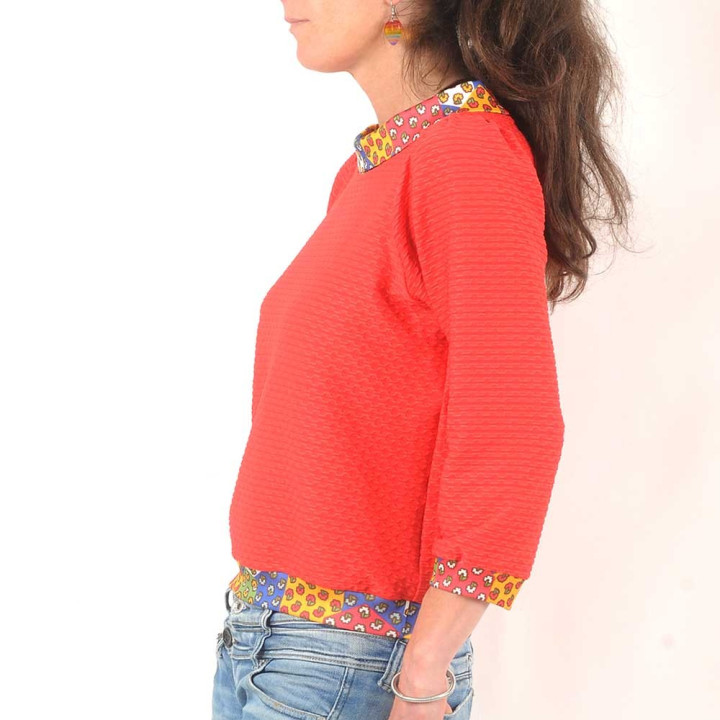 Red and floral print short sweater with boat cowl