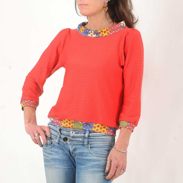 Red and floral print short sweater with boat cowl