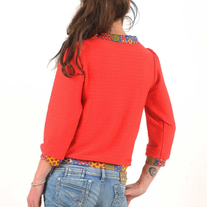 Red and floral print short sweater with boat cowl