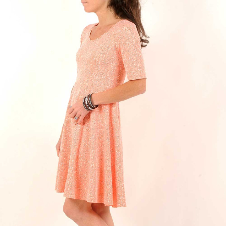 Coral orange and white stretchy dress, sheer lace back
