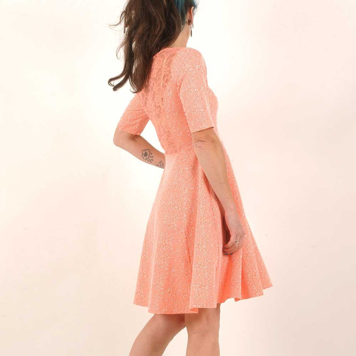 Coral orange and white stretchy dress, sheer lace back