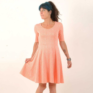 Coral orange and white stretchy dress, sheer lace back
