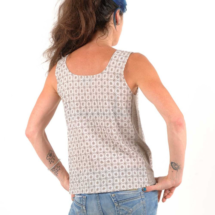 White and taupe sleeveless tank top, embroidered cotton