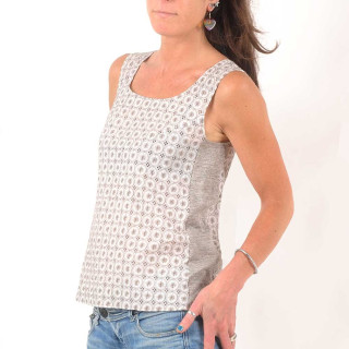 Top débardeur sans manches, coton brodé blanc et taupe