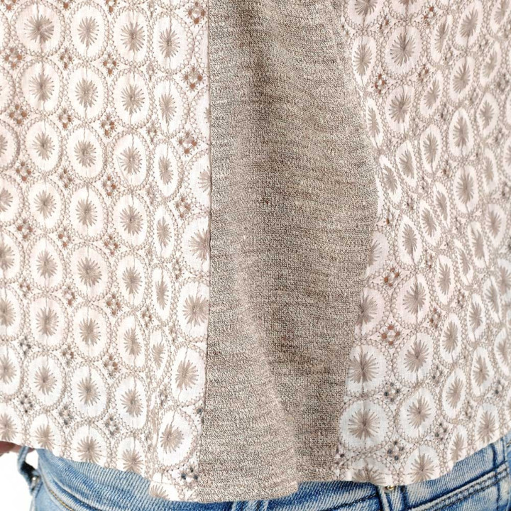 White and taupe sleeveless tank top, embroidered cotton