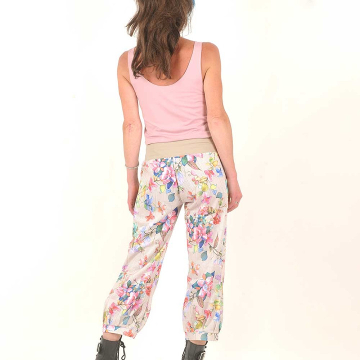 Womens colorful floral pants, stretchy jersey belt