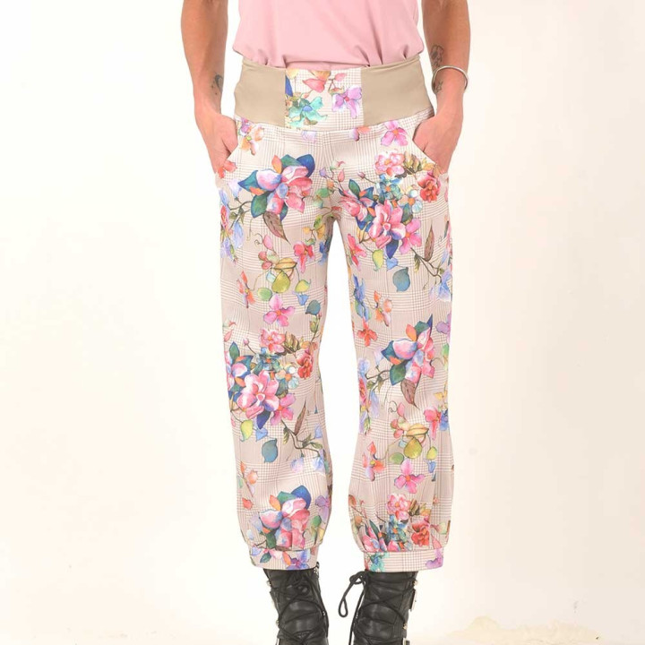 Womens colorful floral pants, stretchy jersey belt
