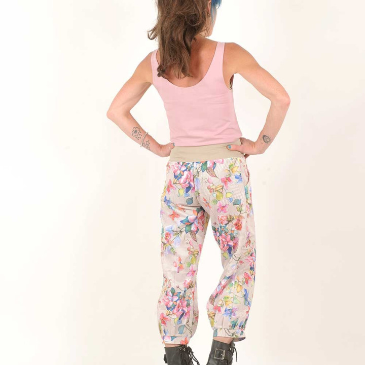 Womens colorful floral pants, stretchy jersey belt