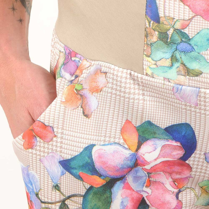 Womens colorful floral pants, stretchy jersey belt