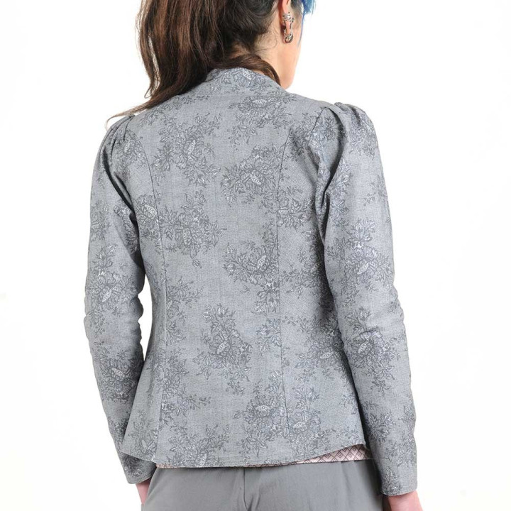 Fitted grey jacket with lace print, officer collar