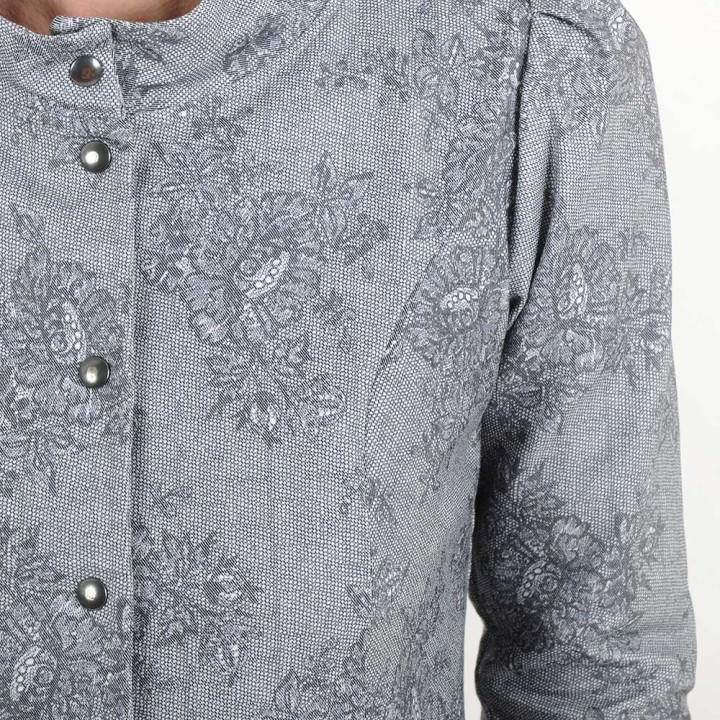 Fitted grey jacket with lace print, officer collar