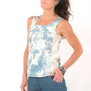 White and blue sleeveless summer tank top, French toile tree print