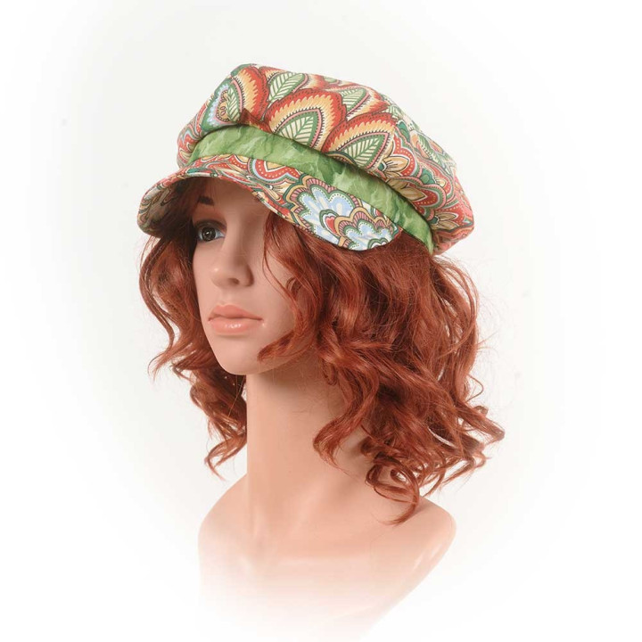 Red, blue and green floral newsboy cap hat, vintage cotton