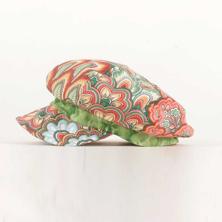 Red, blue and green floral newsboy cap hat, vintage cotton